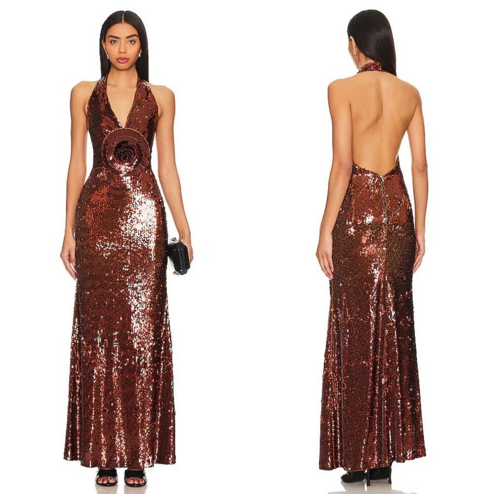 The Bar Grayson Sequin Halter Open Back Maxi Evening Gown Espresso Size 8 $550